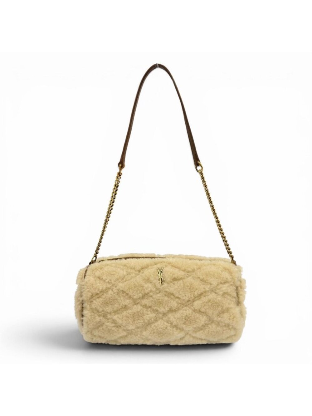 Saint Laurent Paris Shearling Leather YSL Chain Shoulder Tube Bag Beige